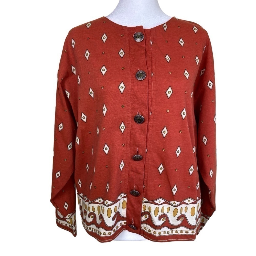 Vintage 90s Button Down Shirt Rust Color Southwest Print Shacket Metal Buttons M - Picture 2 of 14